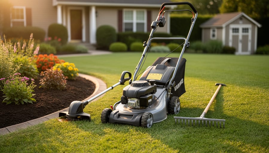 Compact self-propelled mower, string trimmer, and metal rake arranged on a freshly cut suburban lawn beside a curved flower bed at golden hour, with a house, shrubs, and garden shed softly blurred in the background.