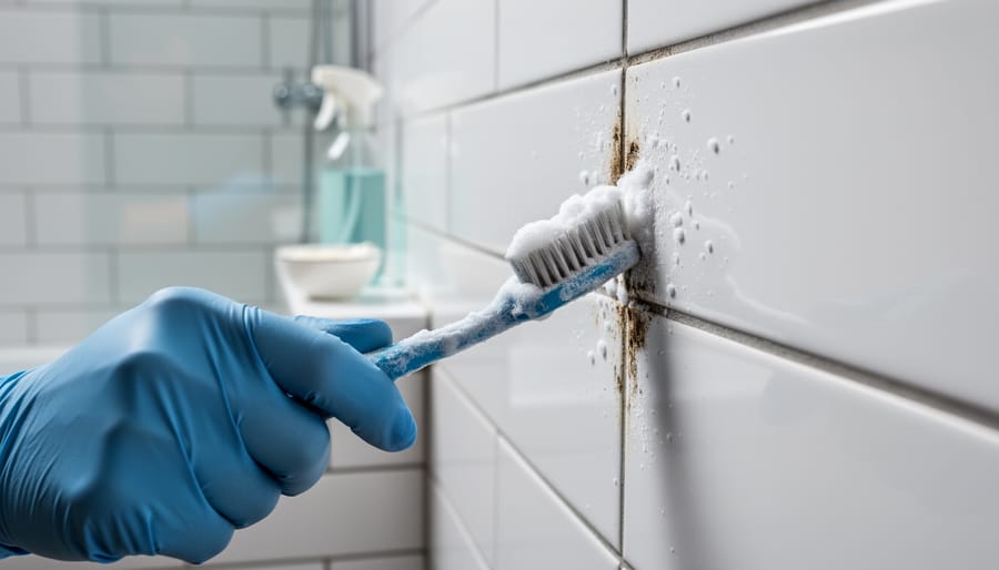 Blue-gloved hand scrubs a discolored grout line between white ceramic tiles using an old toothbrush and foamy baking soda and hydrogen peroxide paste, with a blurred spray bottle and shower wall in the background.