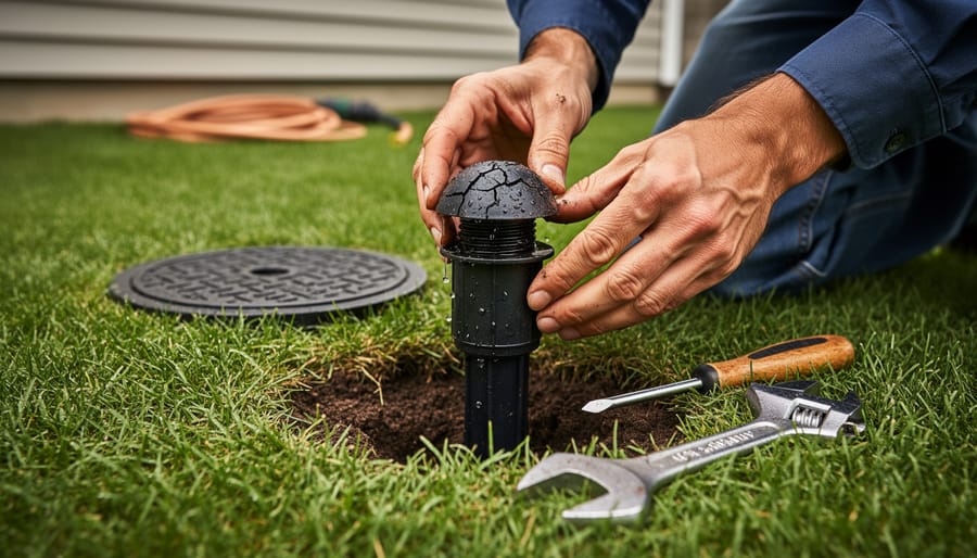 Close-up of hands unscrewing and replacing a cracked pop-up sprinkler head in a backyard lawn, with a small shovel and replacement head nearby, water droplets on soil, and a blurred valve box and hose in the background.