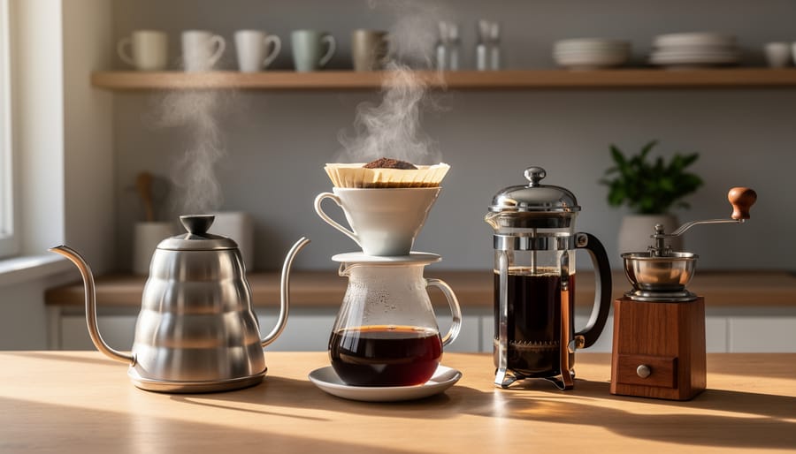 Glass pour-over with ceramic dripper blooming on a minimalist counter, steam rising from a gooseneck kettle, with a French press and hand grinder nearby in warm golden-hour light; blurred shelves, mugs, and a small plant behind.