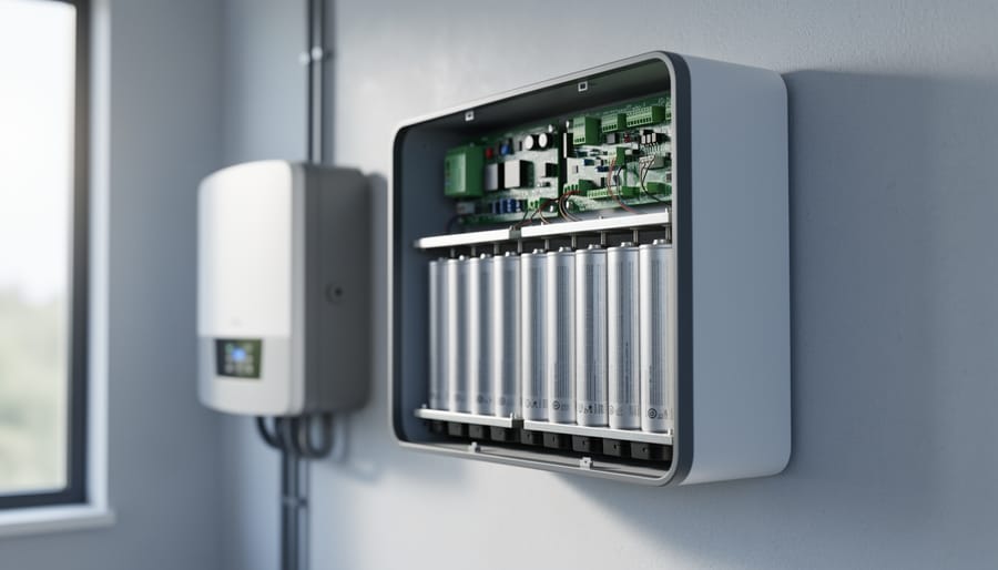 Wall-mounted home battery with partially open panel showing cylindrical lithium-ion cells, bus bars, and control boards in a tidy utility room, with inverter and conduit softly blurred in the background.
