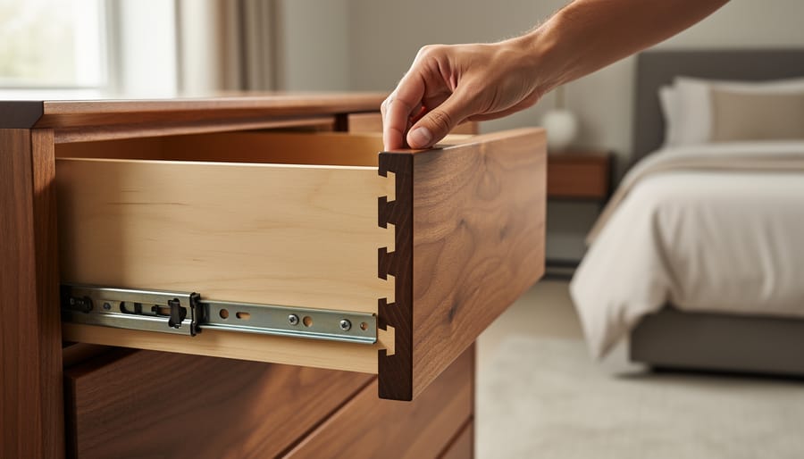 Close-up of a person inspecting a solid wood dresser drawer, showing crisp dovetail joints and sturdy metal ball-bearing glides, with a softly lit bedroom and nightstand blurred behind.