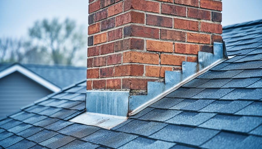 Close-up of a brick chimney at the roofline with lifted step flashing, cracked mortar, and faint water stains under overcast light, with blurred neighborhood roofs and trees in the background