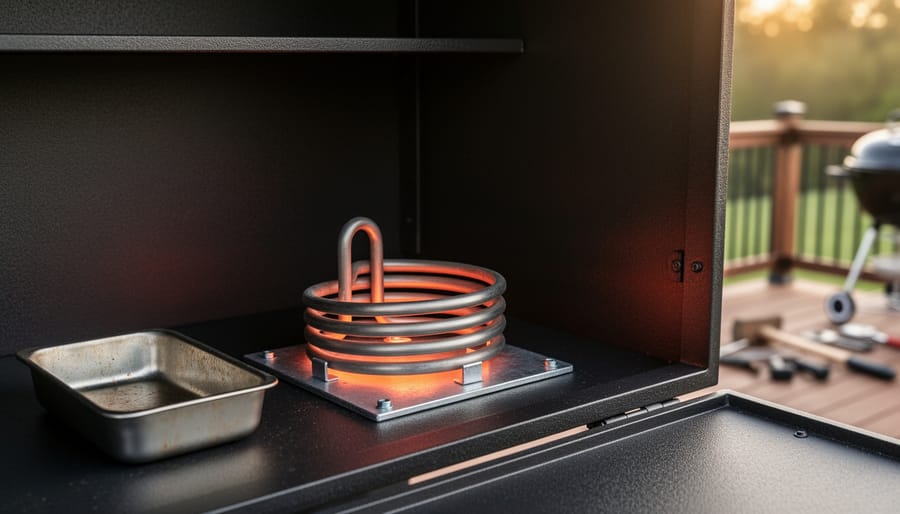 Close-up interior of an open electric smoker with a newly installed coiled heating element on its mounting plate, softly glowing beside a metal wood-chip tray, warmly lit, with a blurred backyard deck and grilling tools in the background.