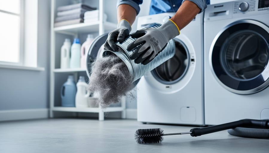 Close-up of gloved hands pulling compacted gray lint from a metal dryer vent duct behind a front-loading dryer, with a vent brush and vacuum hose nearby in a bright laundry room.