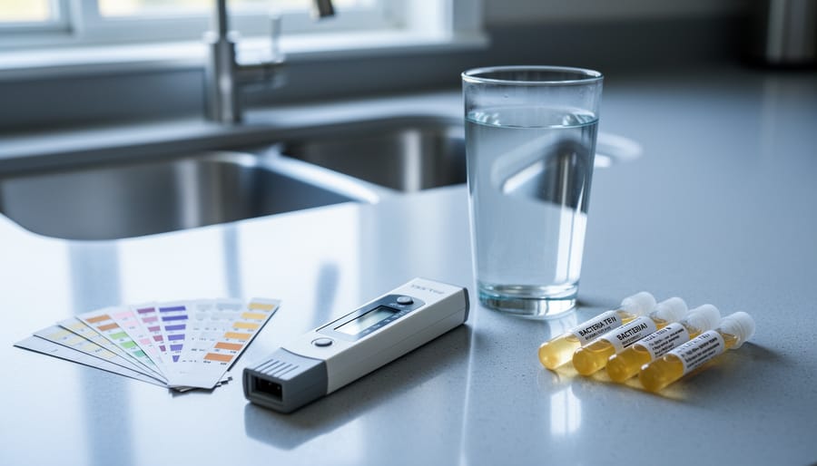 Close-up of pH strips, handheld TDS meter, and bacteria test vials beside a glass of tap water on a kitchen countertop with a blurred stainless-steel sink and faucet in soft natural light.