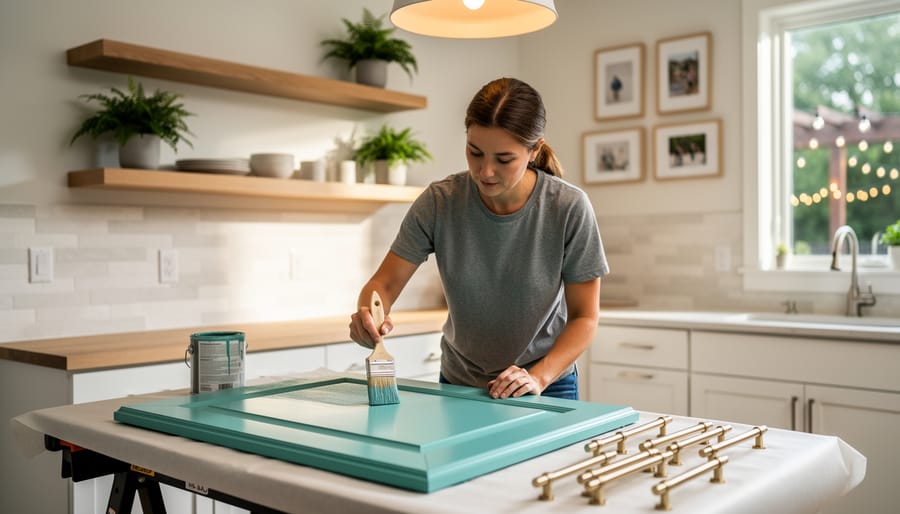 Homeowner painting a kitchen cabinet door on a work table with teal paint and brass hardware nearby, partially installed peel-and-stick backsplash, floating shelves with plants, warm daylight and pendant lighting, blurred gallery wall and patio string lights visible.
