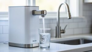 A compact countertop reverse-osmosis water filter on a kitchen counter with a clear glass filling under a flowing stream of water.