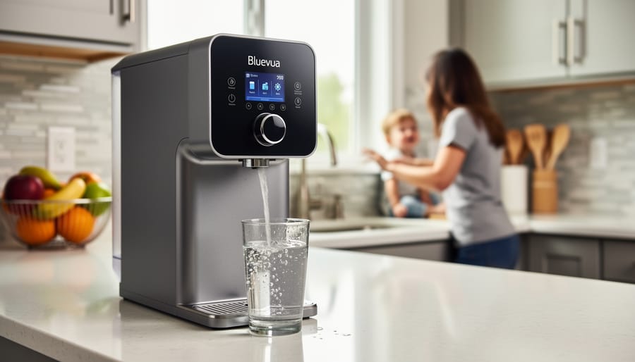 Bluevua reverse osmosis countertop water filter dispensing water into a glass on a kitchen counter