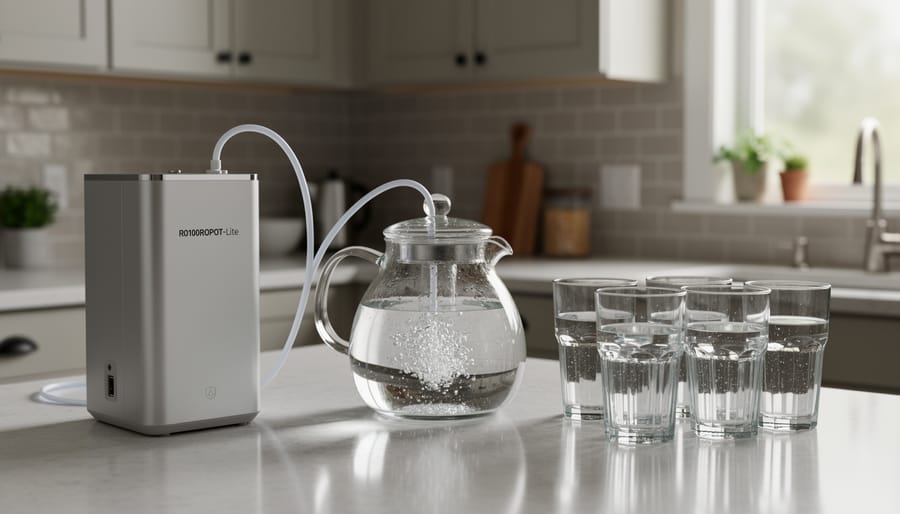 Bluevua RO100ROPOT-Lite countertop reverse osmosis system on a kitchen counter with a pot and glasses