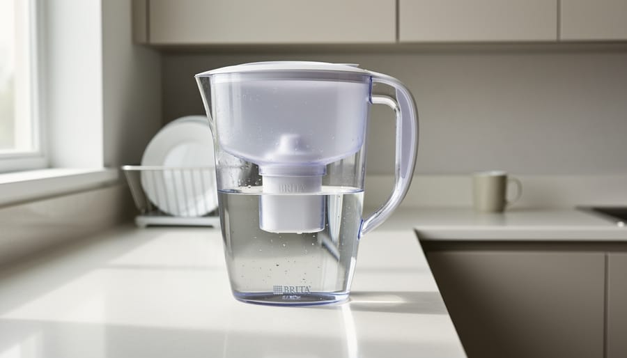 Brita Elite pitcher-style water filter on a kitchen countertop near the sink