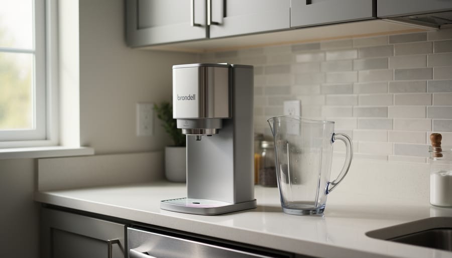 Brondell countertop water filter on a kitchen counter next to a water pitcher