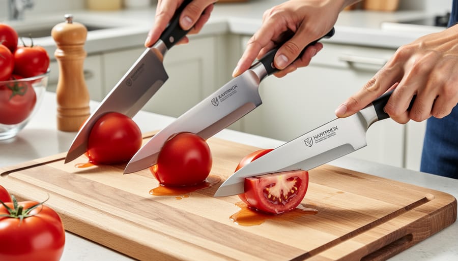 Hands using a Japanese chef knife to slice a tomato on a wooden cutting board.