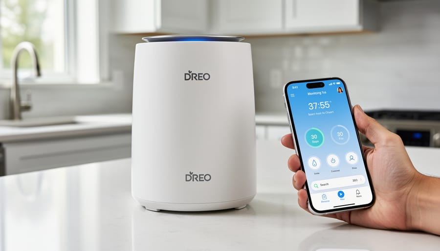 Hand near a DREO reverse osmosis countertop water filter on a kitchen counter