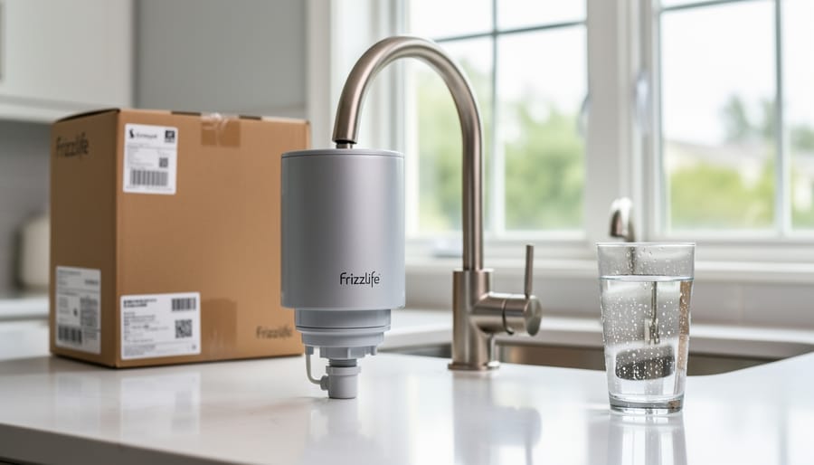 Frizzlife countertop water filter set on a kitchen counter with a shipping box beside it