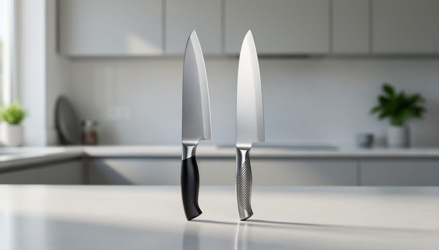Two Japanese chef knives resting side-by-side on a cutting board in a bright kitchen.