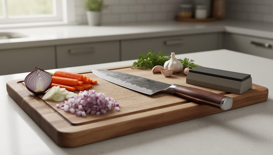 Japanese chef knife on a cutting station next to sliced vegetables and a sharpening stone.