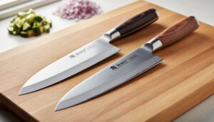 Close-up of the MAC MTH-80 and Miyabi Koh Japanese chef knives laid side-by-side on a wooden cutting board with vegetables softly blurred in the background.
