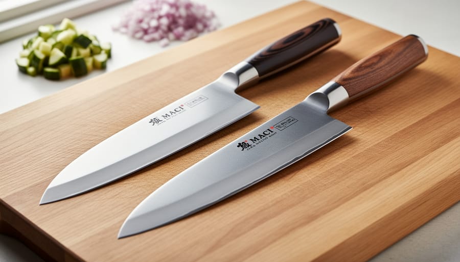 Close-up of the MAC MTH-80 and Miyabi Koh Japanese chef knives laid side-by-side on a wooden cutting board with vegetables softly blurred in the background.