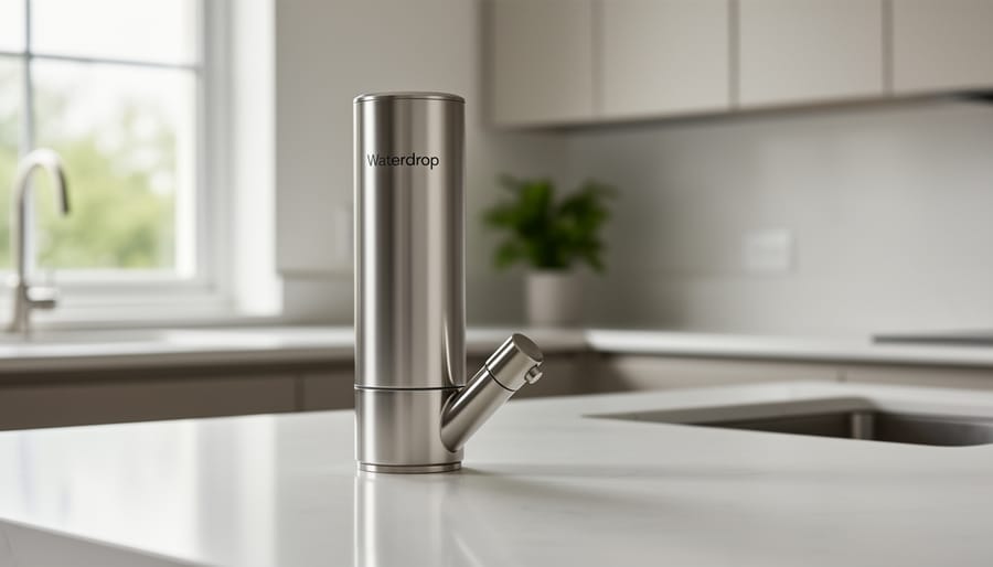 Waterdrop stainless steel countertop water filter in a modern kitchen setting