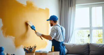 "Professional painter applying paint to a wall in a living room, with painting supplies and home decor in the background."