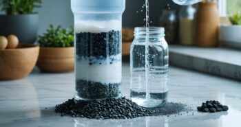 Close-up of an inverted plastic-bottle water filter layered with gravel, sand, and activated charcoal, cloudy water being poured in, and filtered water collecting in a glass jar on a kitchen counter, with bowls of materials blurred in the background.