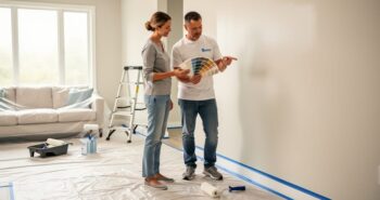 Professional painter and homeowner discussing paint colors in a prepped living room with taped trim, drop cloths, ladder, and paint rollers under soft natural light.