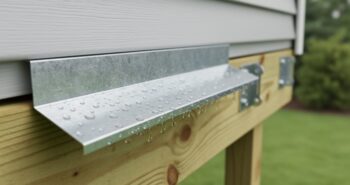 Close-up view of galvanized Z-flashing tucked behind vinyl siding and capping a pressure-treated deck ledger board, with water droplets rolling off the drip edge; blurred joist hangers and backyard greenery in the background
