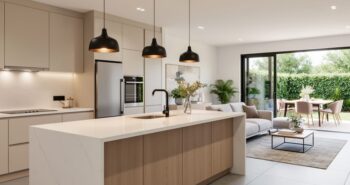 Open-concept interior with a light-oak kitchen island and black pendants leading to a low-profile sofa on a textured rug, soft daylight from right-side windows, with a dining nook and patio greenery softly blurred in the background.