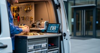 Open side of a mobile locksmith van showing organized tools, key-cutting machine, and smart-lock programming device, with a technician’s hands arranging brass keys and a commercial building entrance blurred in the background.