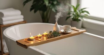 Freestanding bathtub with wooden tray holding lit candles, essential oil diffuser, teacup, and eucalyptus, softly lit by daylight, with towels and houseplants in a serene home bathroom.