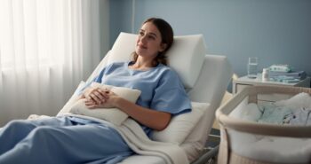 Postpartum mother sleeping semi-reclined after a C-section, supported by wedges and pillows under her knees and at her sides, with a small pillow across her abdomen; soft morning light; nightstand with water, unlabeled medication bottle, and baby supplies; bassinet blurred in the background.