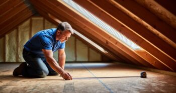 Homeowner kneeling in an unfinished attic uses a tape measure across the floor; light streams through a ridge vent along the peak and soffit vents at the eaves, with rafters, ventilation baffles, and insulation visible.