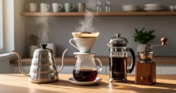 Glass pour-over with ceramic dripper blooming on a minimalist counter, steam rising from a gooseneck kettle, with a French press and hand grinder nearby in warm golden-hour light; blurred shelves, mugs, and a small plant behind.