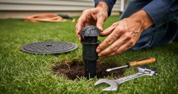 Close-up of hands unscrewing and replacing a cracked pop-up sprinkler head in a backyard lawn, with a small shovel and replacement head nearby, water droplets on soil, and a blurred valve box and hose in the background.
