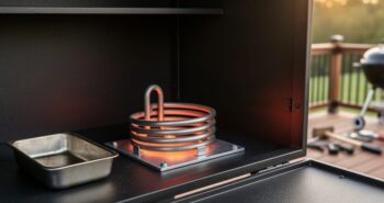 Close-up interior of an open electric smoker with a newly installed coiled heating element on its mounting plate, softly glowing beside a metal wood-chip tray, warmly lit, with a blurred backyard deck and grilling tools in the background.