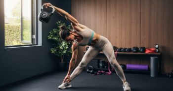 Person performs a kettlebell windmill with an adjustable kettlebell in a small home gym corner, lit by soft window light, with a rubber mat and minimal equipment on a low shelf.