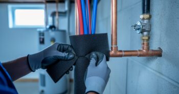 Close-up of a plumber’s gloved hands applying foam insulation to exposed copper and PEX pipes in a basement, with faint frost on an uninsulated section and a blurred water heater and shutoff valve in the background.