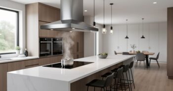 Modern kitchen interior with a brushed stainless steel island range hood above an induction cooktop emitting a faint steam wisp, white quartz island, warm oak cabinetry, matte black fixtures, pendant lights, and natural daylight from a left-side window; blurred dining nook in background.