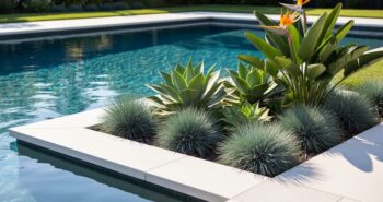 Poolside landscaping with blue fescue ornamental grasses, agave succulents, and a bird of paradise plant beside a backyard swimming pool.