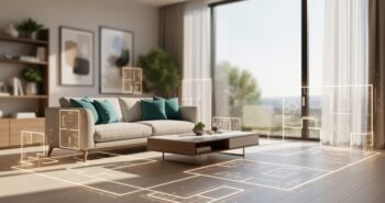 “Modern sunlit living room interior with sofa and coffee table, featuring subtle glowing AI-inspired hologram light trails over the layout area.”
