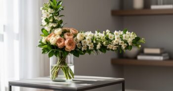 An Ikebana-inspired L shape floral arrangement in a clear vase, with tall vertical stems and a perpendicular horizontal bloom line against a softly blurred corner table background.