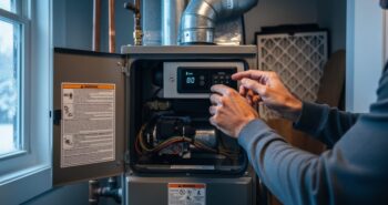A homeowner inspecting a winter furnace and control area near the thermostat, with the furnace access panel open in a utility closet.