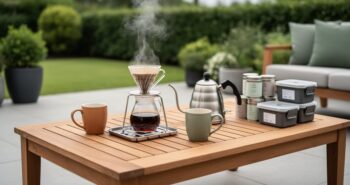 Outdoor coffee and tea station on a teak coffee table with mugs, a kettle, and tea storage items in a patio setting.
