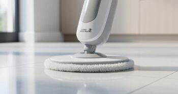 Cordless electric mop cleaning a glossy vinyl floor in a modern kitchen with soft microfiber pads.