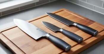 Close-up of a chef’s knife, paring knife, and serrated bread knife arranged on a wooden cutting board in a modern kitchen.