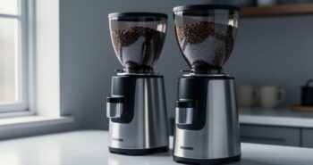“Close-up of electric coffee grinders on a kitchen countertop with coffee beans in the hopper, photographed in soft morning light.”